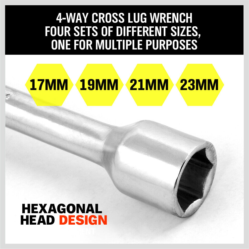 Heavy-Duty 20-Inch 4-Way Cross Wheel Wrench with 17mm, 19mm, 21mm, 23mm Sockets