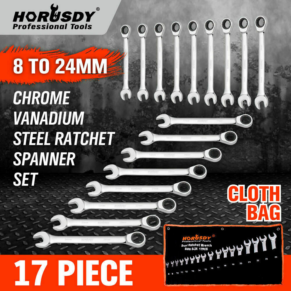 Complete set of 17 metric ratchet spanners made of chrome vanadium steel, ranging from 8mm to 24mm with open end and ring features, for versatile use in tight spaces