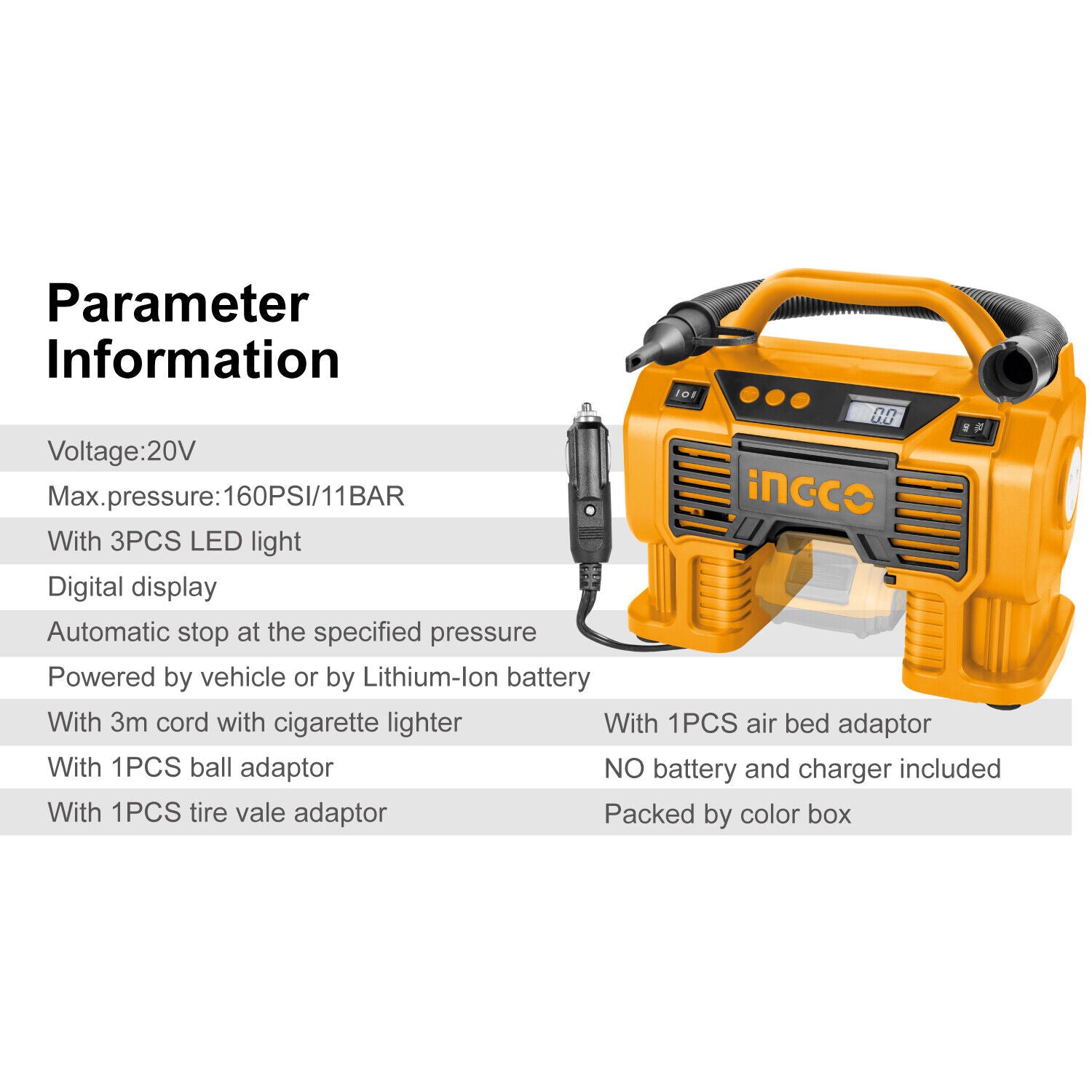  INGCO Air Compressor Tyre Inflator Pump with LED Display