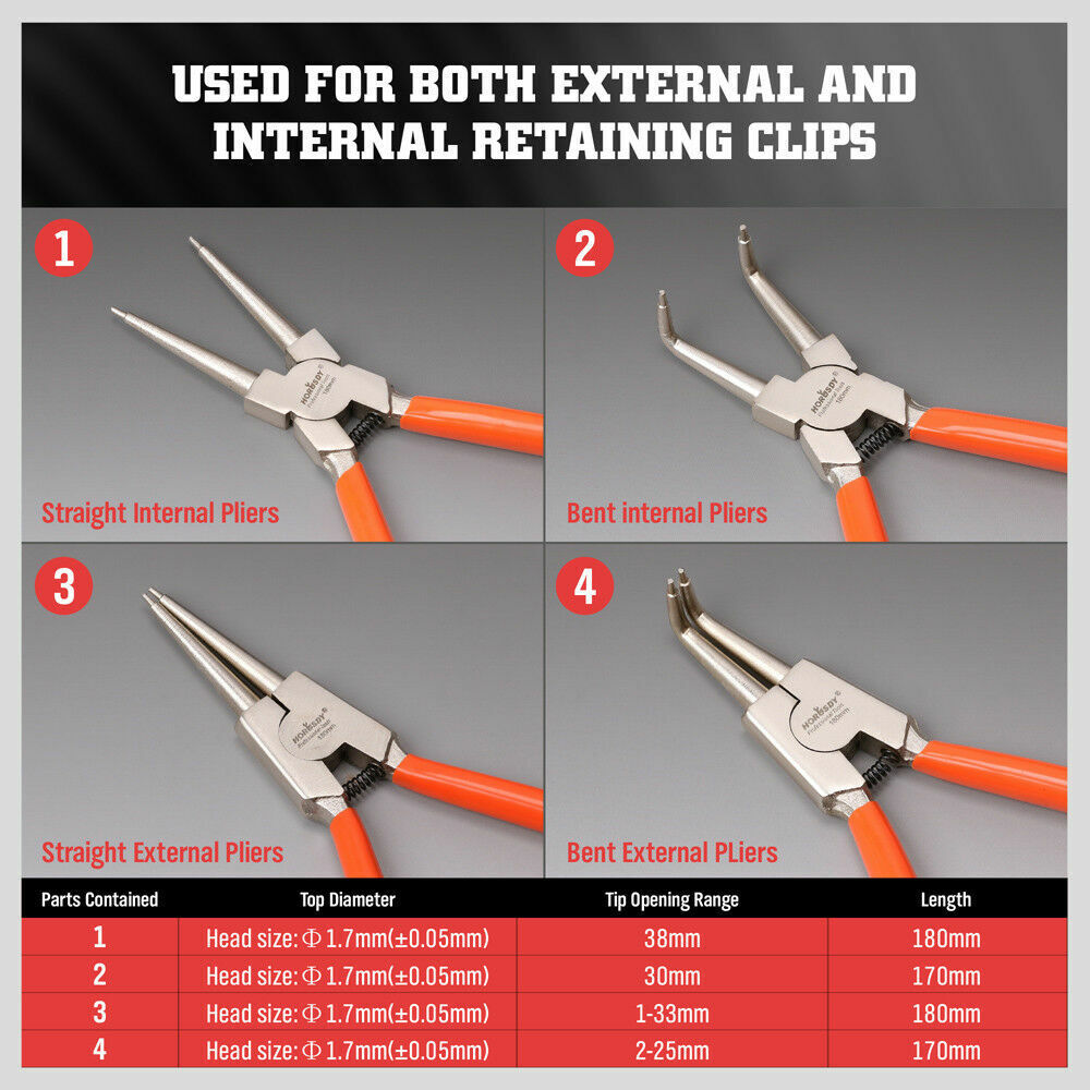 4-piece set of 7-inch circlip pliers, including internal and external, bent and straight tip snap ring pliers, with a durable storage bag