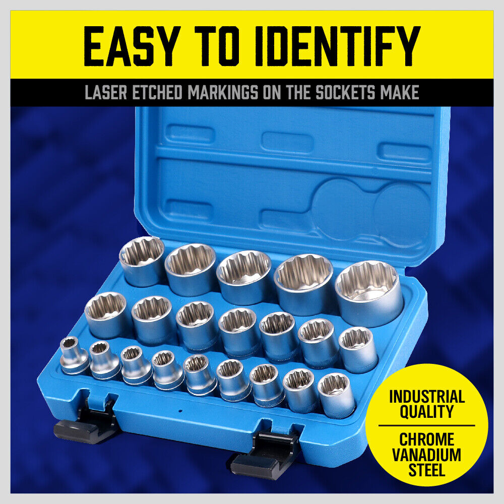 Close-up of 12-Point Socket Sizes and Durable Chrome Vanadium Steel Construction