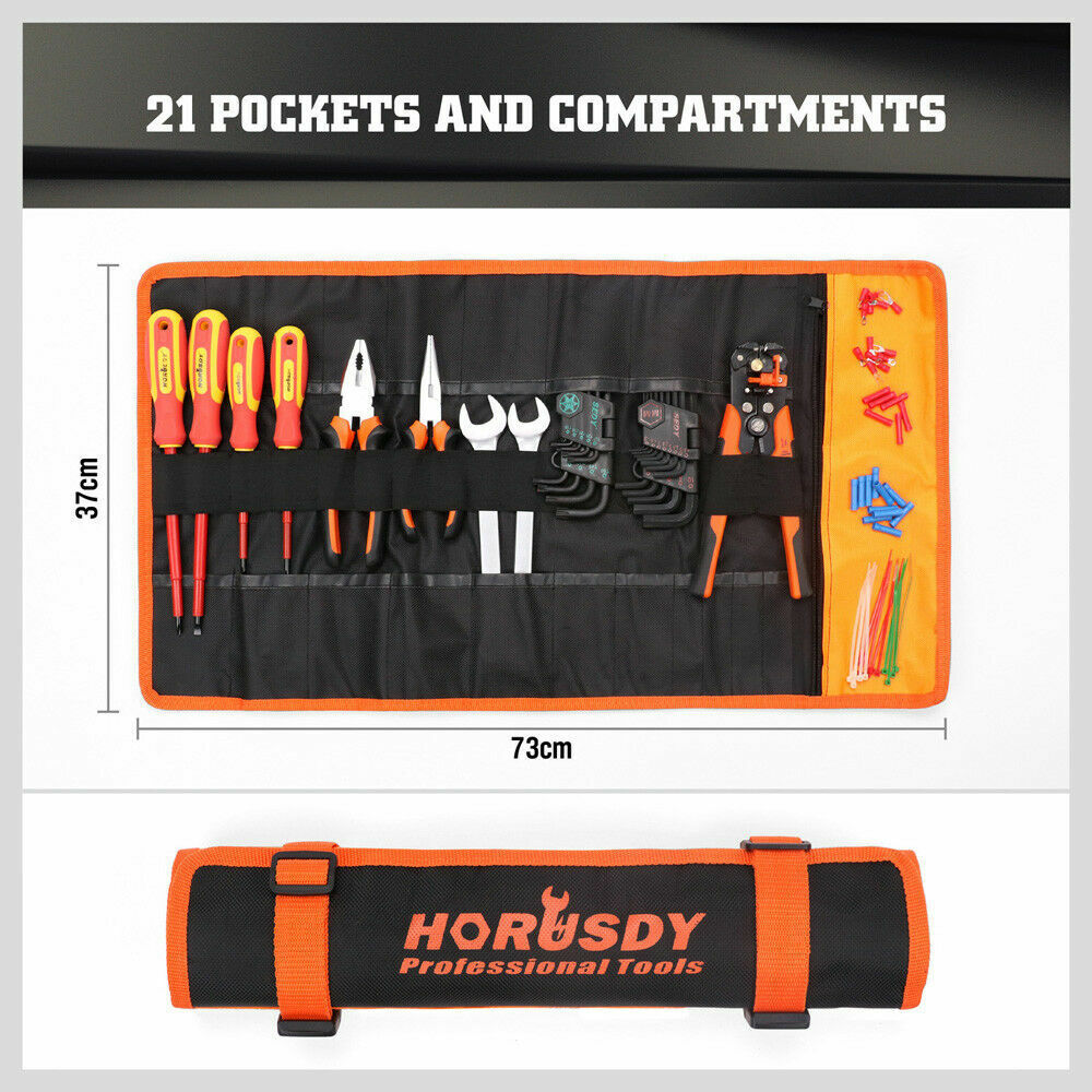 Durable Tool Holder Belt with 21 versatile pockets. Made from strong polyester fabric, ideal for storing tools, knives, pens, and brushes. Features a secure two-strap closure, easy roll-up design, and a convenient carry handle. Suitable for electricians, mechanics, handymen, and DIY enthusiasts.