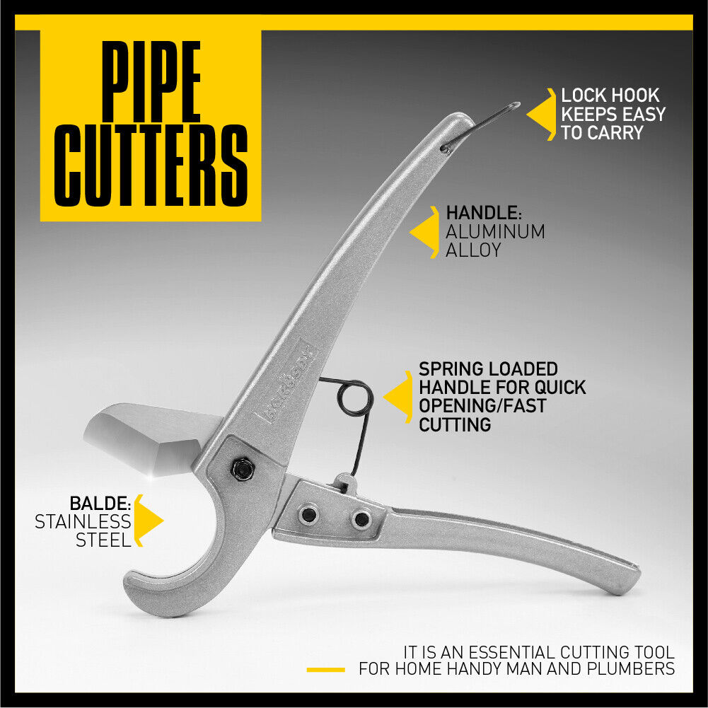 Durable PVC pipe cutter with spring-loaded handles for cutting PEX and polyethylene tubing