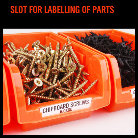 Robust Wall Mounted Bins Rack featuring 8 orange stackable plastic storage trays and 3 plastic racking, ideal for organizing small parts, tools, fishing tackle, and craft supplies. Designed to mount easily on pegboard, slot wall, or wooden studs, offering a versatile and space-saving solution for any workshop, garage, or hobby room