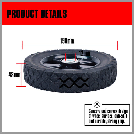 Durable 8-Inch Trolley Wheel with Solid Plastic Rim for Lawnmowers - 12MM Bore Size, Lightweight and Puncture-Proof