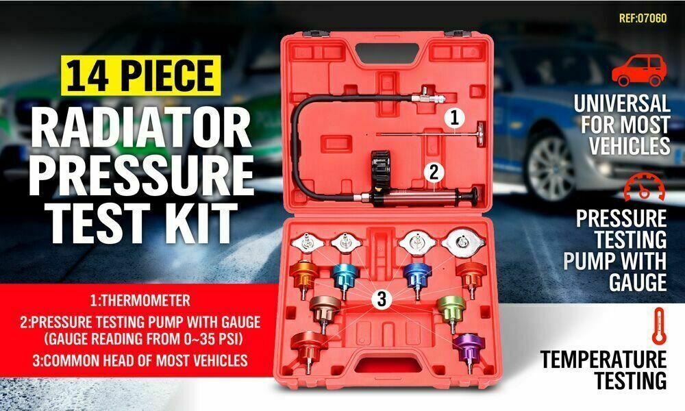 Universal Cooling System Radiator Pressure Tester Kit, essential for detecting leaks in vehicle cooling systems. Compatible with numerous vehicle brands like Audi, BMW, Fiat, Ford, and many more. Features heavy-duty pump, easy-to-read scale, color-coded aluminum radiator caps, and a long hose with a quick release valve. Includes thermometer and packed in a durable carry-case