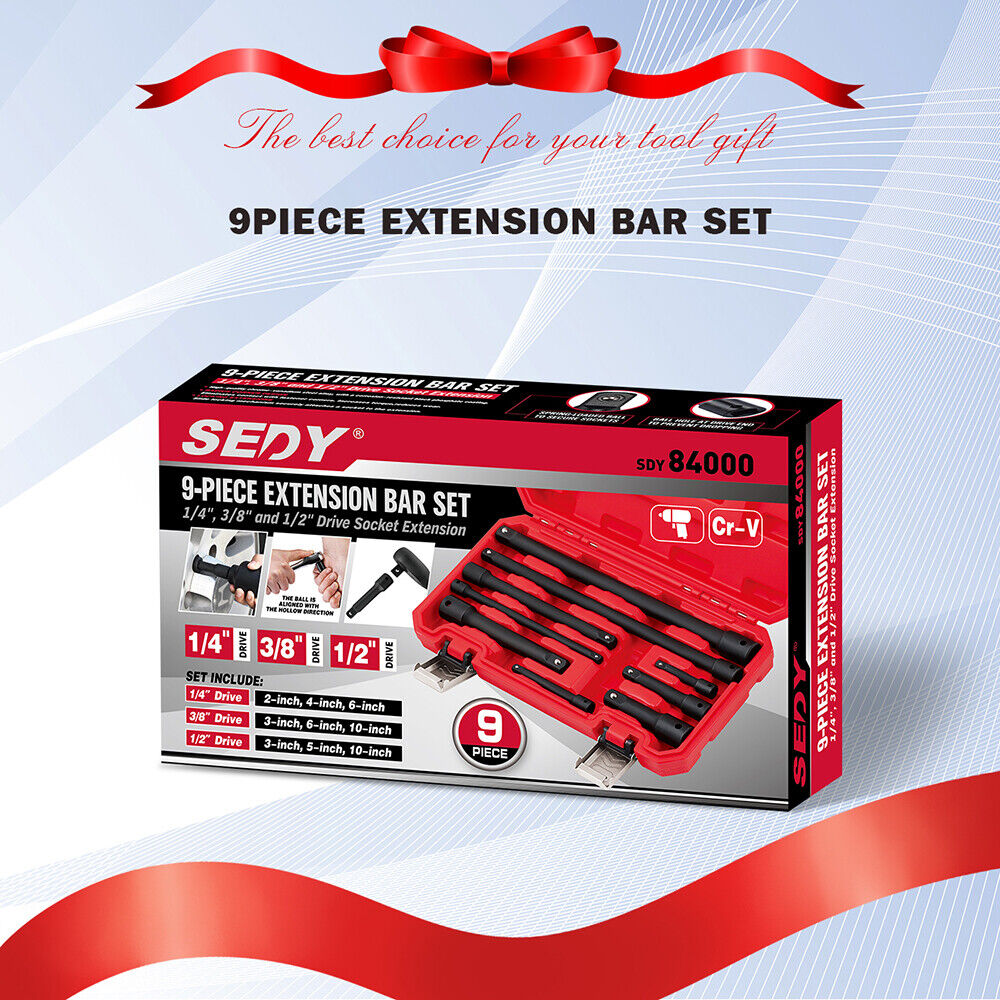 HORUSDY 9Pc Extension Bar Set with 1/4", 3/8", 1/2" Drives, featuring Premium Chrome Vanadium Steel, Corrosion Resistant SmartKrome Plating, and Secure Spring-Loaded Ball Detent