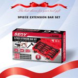 HORUSDY 9Pc Extension Bar Set with 1/4", 3/8", 1/2" Drives, featuring Premium Chrome Vanadium Steel, Corrosion Resistant SmartKrome Plating, and Secure Spring-Loaded Ball Detent