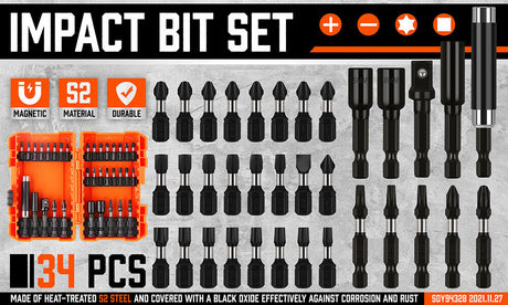 Comprehensive 34Pc Impact Screwdriver and Nut Driver Bit Set with Quick Release