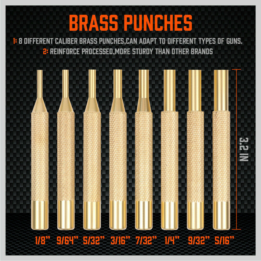 Comprehensive 19-piece gunsmith hammer and punch set with brass, steel, and polymer punches, including roll pin starters and a dual-faced hammer