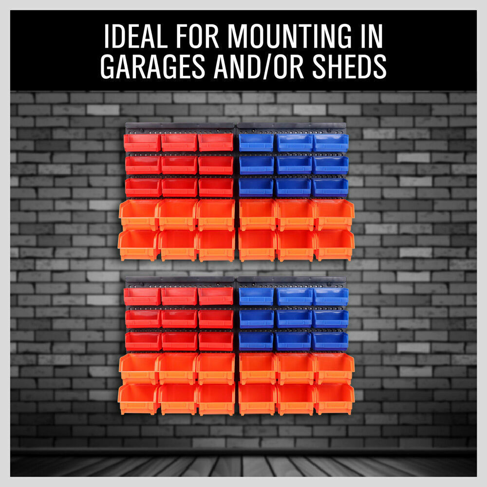 60-Piece Wall Mounted Tool Storage Bins Kit - Includes Red, Blue, Orange Bins and Peg Boards for Garage and Shed Organization