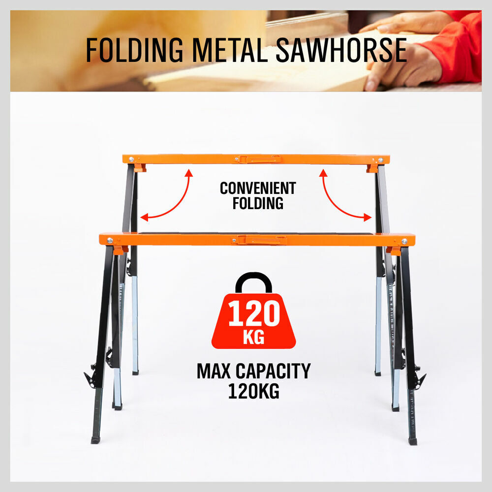 Four-piece Mastercraft Sawhorse Set, featuring a sturdy metal folding design with non-slip surfaces, ergonomic handles, and crossing braces for stability. Each sawhorse measures 100(L) x 50(W) x 65-92(H) cm and supports up to 120 kg.