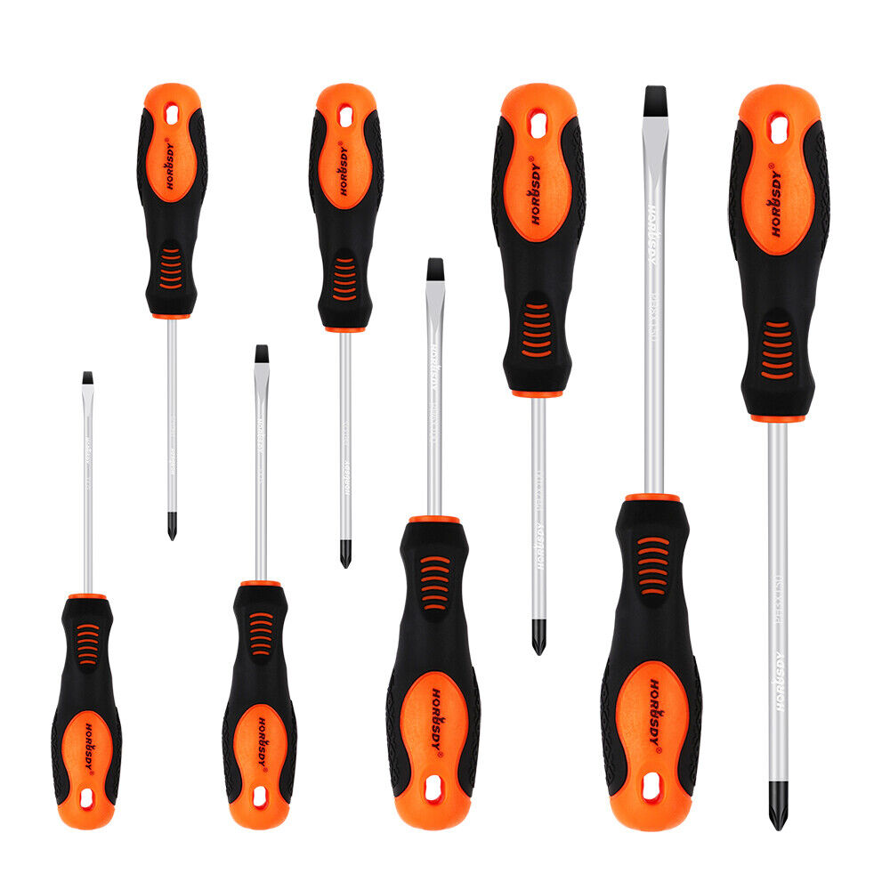 HORUSDY 8-Piece Magnetic Screwdriver Set featuring Non-Slip TPR Handles and Precision Phillips & Slotted Tips, with Tamper-Resistant Design