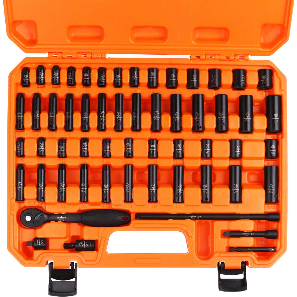 Comprehensive 56-Piece 1/4" Drive Impact Socket Wrench Set with Metric and Imperial Sizes, Ratchet Handle, Extensions, and Storage Case