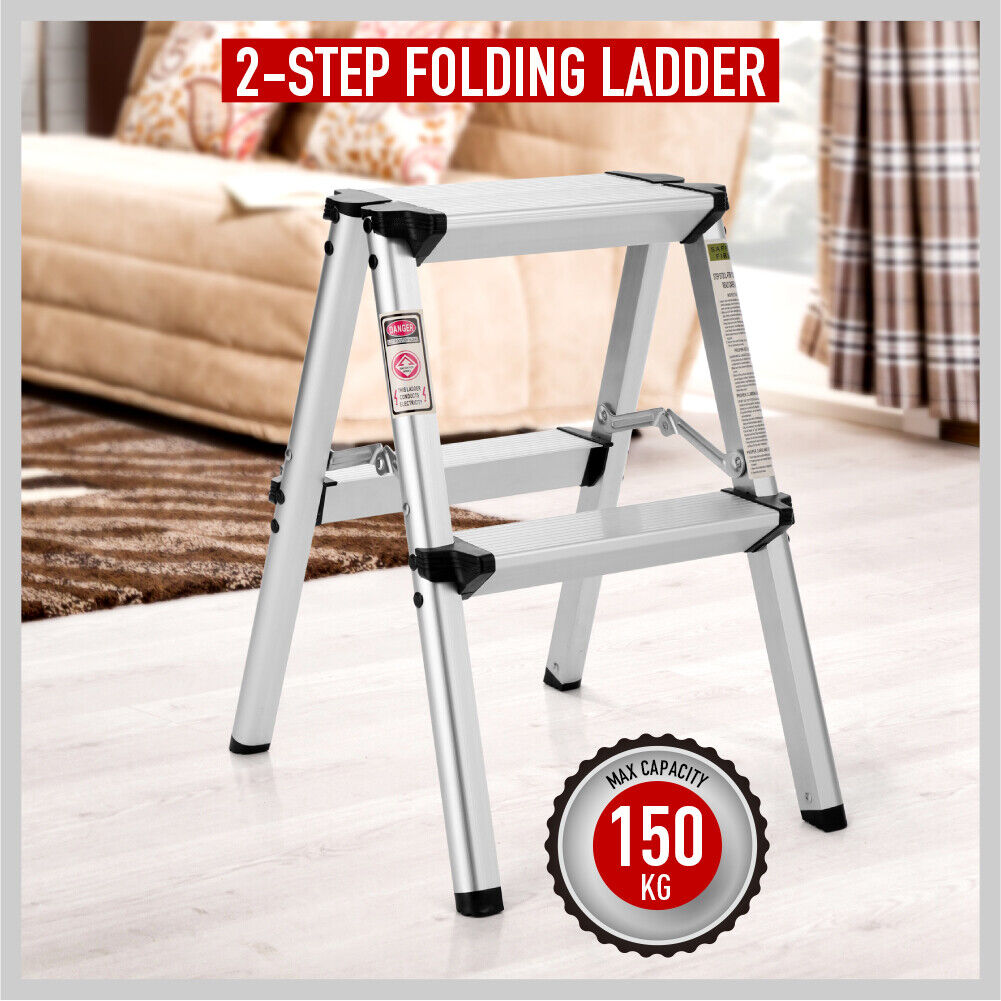 Portable 2-Step Folding Ladder - Lightweight Aluminum Frame, Anti-Slip Safety, 150kg Capacity - Ideal for Home and Work