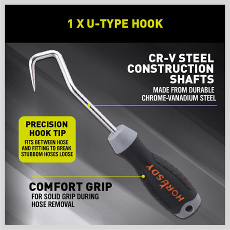 Chrome-vanadium steel hose removal hooks, V-type and U-type, for automotive use.