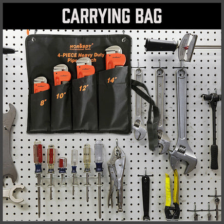 Set of four heavy-duty pipe wrenches in sizes 8, 10, 12, and 14 inches, featuring high-strength malleable cast iron handles and heavy forged steel heads for durability. The wrenches have sharp, precise teeth for a firm grip on pipes and comfortable plastic-wrapped handles for easy use.