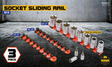 Three-piece mixed socket holder set for 1/2", 3/8", and 1/4" drive sockets, featuring spring-loaded ball bearings for secure holding.