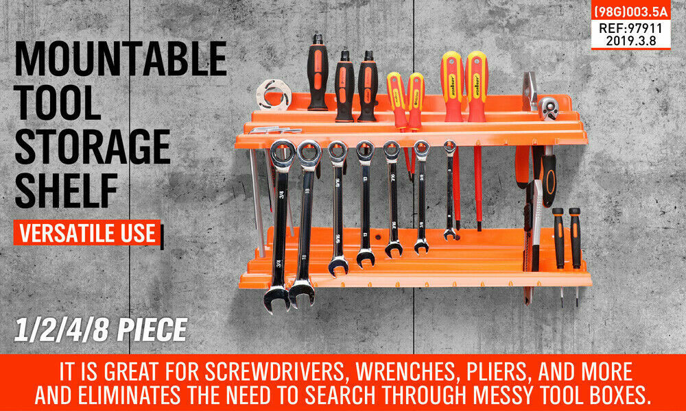  Wall-mounted tool storage rack with removable bins for organized and accessible tool keeping.