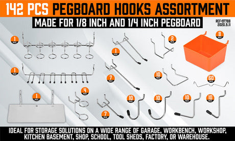 Comprehensive 142-Piece Pegboard Hook Set with Assorted Organizers and Storage Trays for Efficient Tool Management