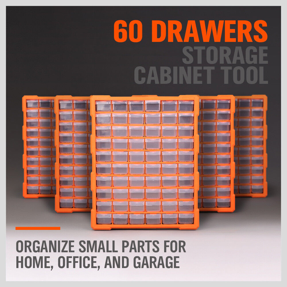60-drawer organizer set enables wall, stack or floor installation with durable, transparent build for functionally arranging huge volumes of tools, industrial parts and job site supplies.