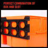 Red and orange stackable plastic parts storage bins with wall-mounted rack, ideal for organizing small tools, fishing tackle, and craft supplies