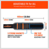 Adjustable magnetic wristband with strong magnets for securing screws, bolts, and nails.