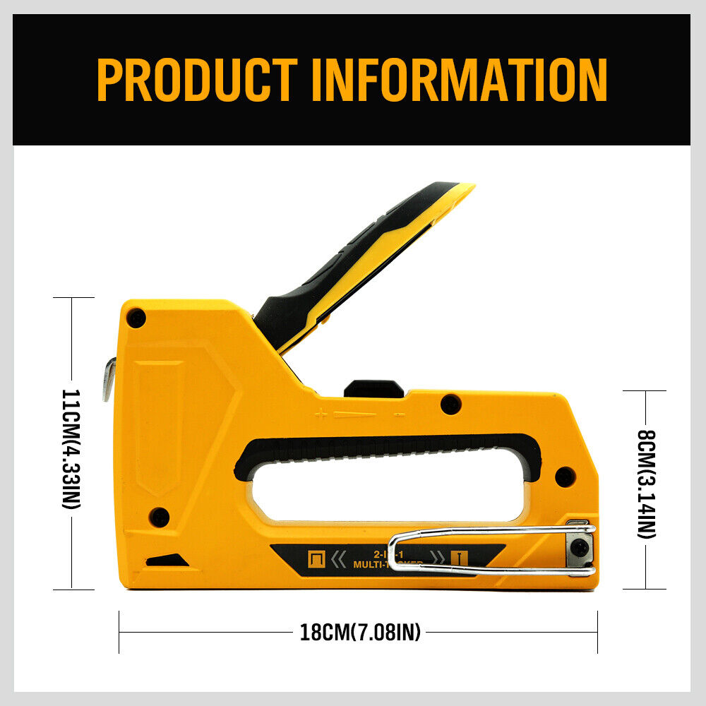 Durable carbon steel manual staple and brad nail gun with a yellow coating and easy-to-reload mechanism.