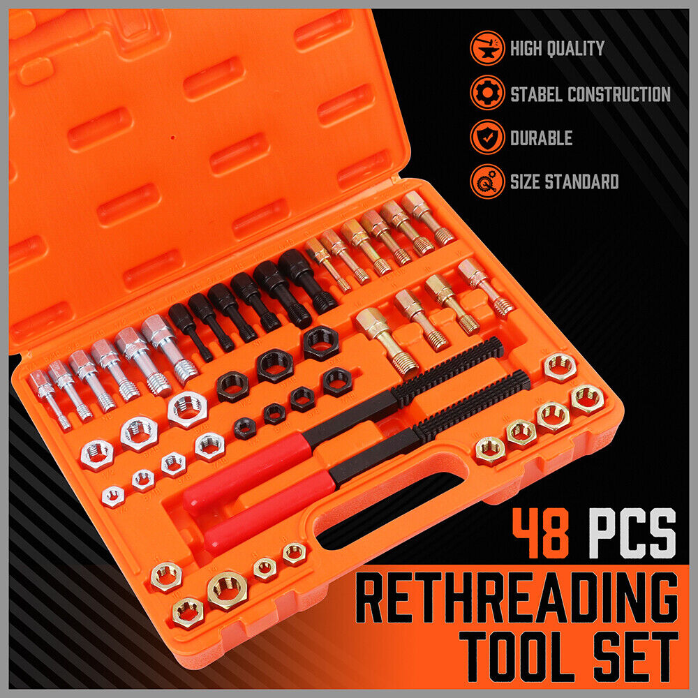 Comprehensive 48-Piece SAE and Metric Thread Restorer Kit with various taps, dies, files, and rethreading tools for fractional metric thread repair, neatly packed in a blow mold case.