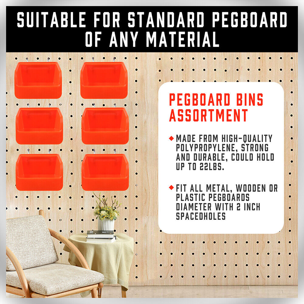 Versatile 16-piece pegboard bins set attached with sturdy steel hooks, perfect for organizing small parts and tools on standard pegboards