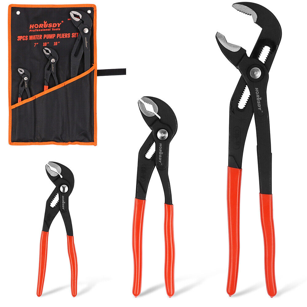 HORUSDY 3-Piece Water Pump Pliers Set with Slip Groove Joints, featuring 7", 10", and 16" Sizes, High-Polish Heads, Dipped Handles, and Storage Bag