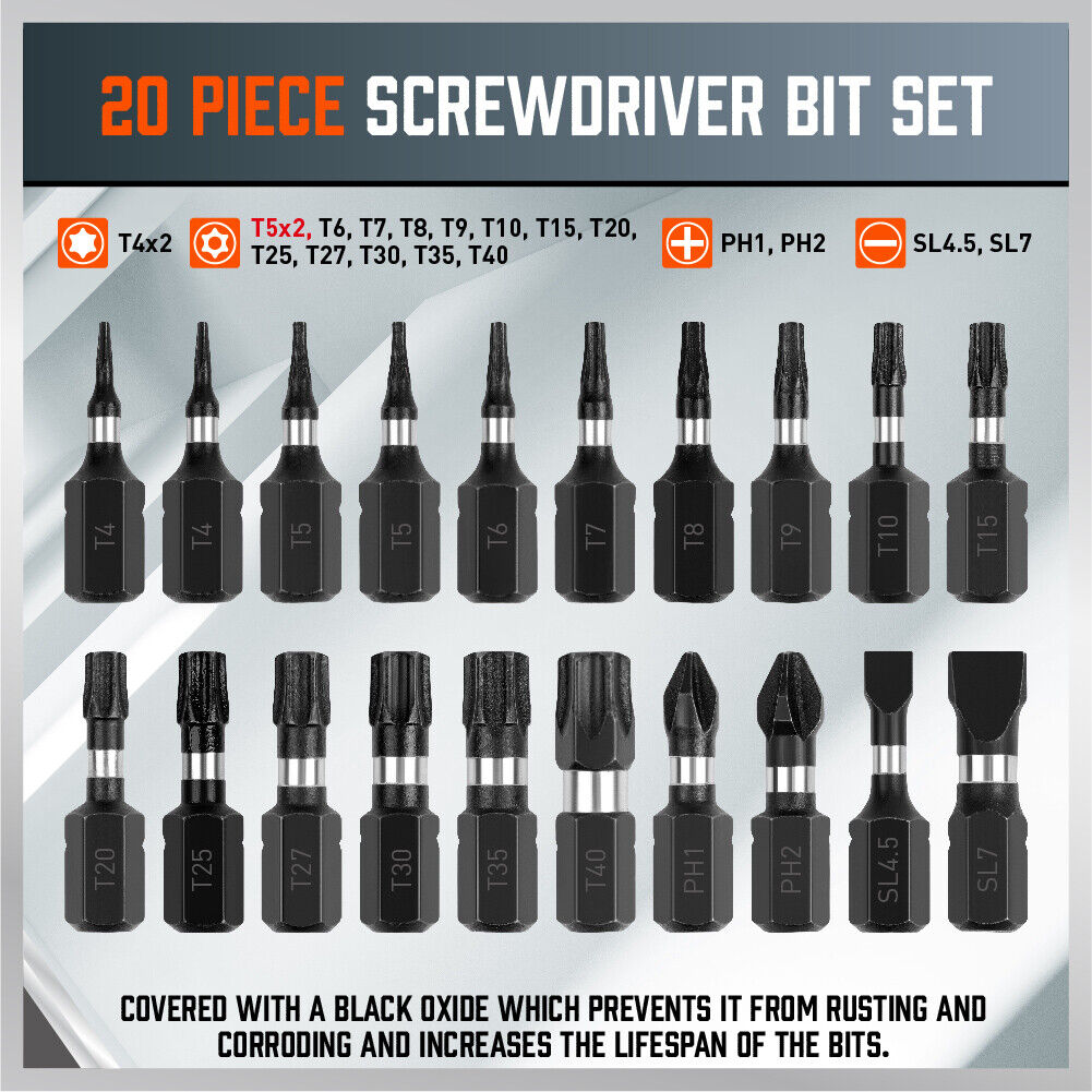 HORUSDY 20-Piece Torx Bit Star Screwdriver Set, Impact-Resistant Hex Shank Design with Durable S2 Alloy Steel Bits, Including Tamper-Resistant Star, Phillips, and Slotted Bits