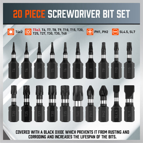 HORUSDY 20-Piece Torx Bit Star Screwdriver Set, Impact-Resistant Hex Shank Design with Durable S2 Alloy Steel Bits, Including Tamper-Resistant Star, Phillips, and Slotted Bits