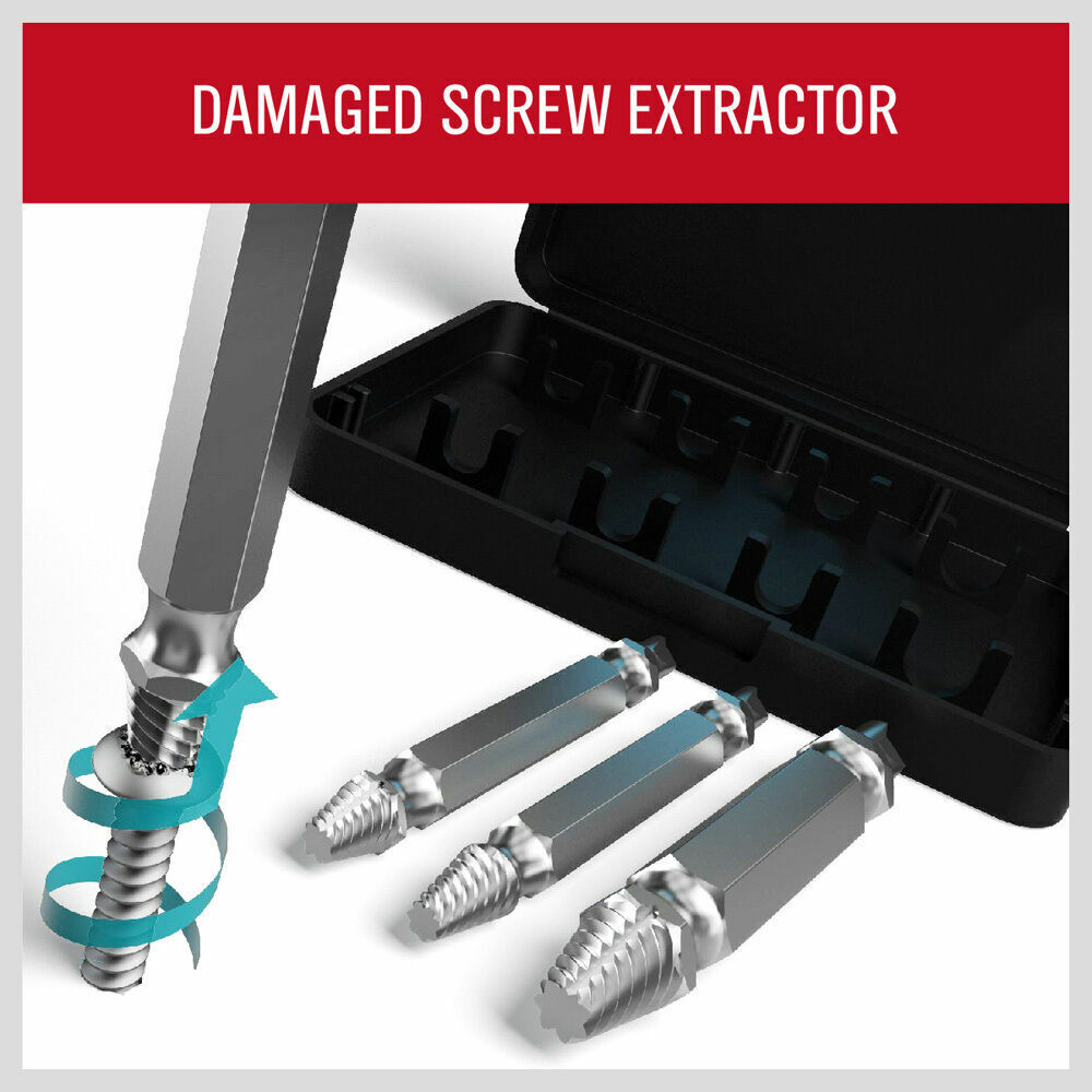 Four-piece set of damaged screw extractors, designed for easy removal of broken screws and bolts in sizes No. 4 to No. 24, suitable for use in automobiles, furniture, toys, and appliances. The set is presented in a charcoal grey plastic case