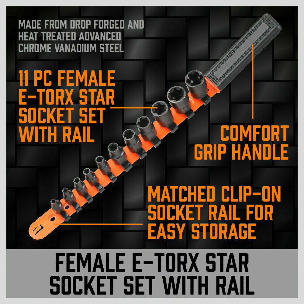 11-Piece Impact E-Torx Socket Set Including E4-E20 Sizes for 1/4" and 3/8" Drives with Storage Rail