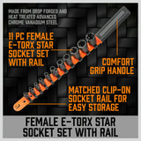 11-Piece Impact E-Torx Socket Set Including E4-E20 Sizes for 1/4" and 3/8" Drives with Storage Rail