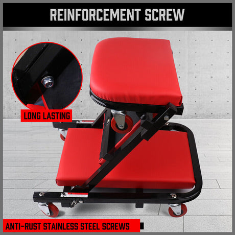 HORUSDY Convertible Z Creeper Seat in Black and Red, 100cm Length, Stainless Steel Frame with Leather Padding, Swivel Casters, for Mechanics and Workshop Use