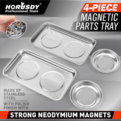 HORUSDY 4-Piece Magnetic Tool Tray and Bowl Set in Stainless Steel - Perfect for Holding Parts and Tools during Automotive Repairs