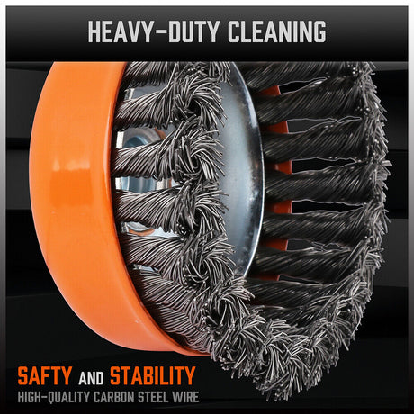 4-inch heavy-duty steel wire wheel cup brush for rust removal and surface preparation, compatible with M14 angle grinders