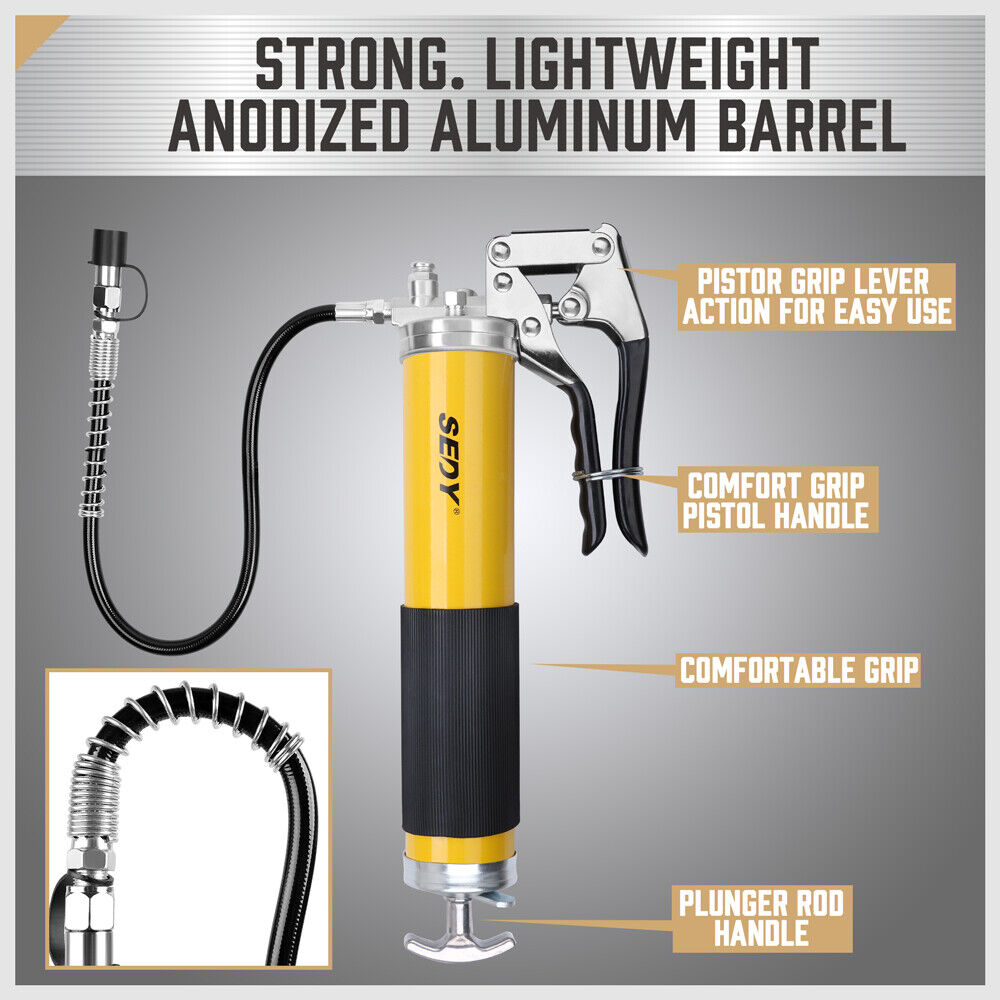 Durable 18-inch grease gun with a pistol grip, flexible hose, and an 8000 PSI pressure capacity, including a 14 oz grease cartridge and nozzles