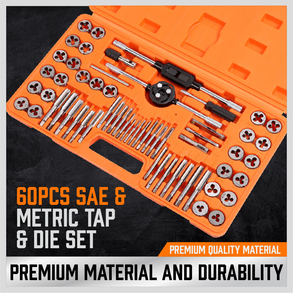 Complete 60-Piece Tap and Die Set - Features Metric and Imperial Sizes, Thread Pitch Gauges, and Screwdriver in a Carry Case