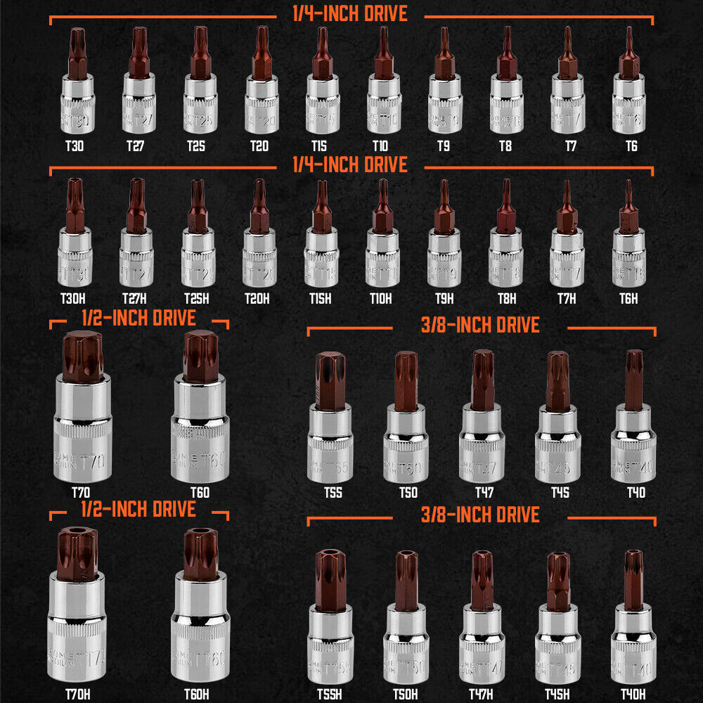 HORUSDY 34-Piece Torx Bit Socket Set in S2 Steel, Includes 1/2', 3/8', 1/4' Drive Star Bits with Secure Storage Case