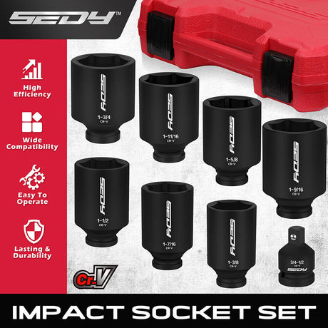 SEDY 8Pcs Deep Impact Socket Set with SAE Measurements and Adapter for Axle Nut Wrenches