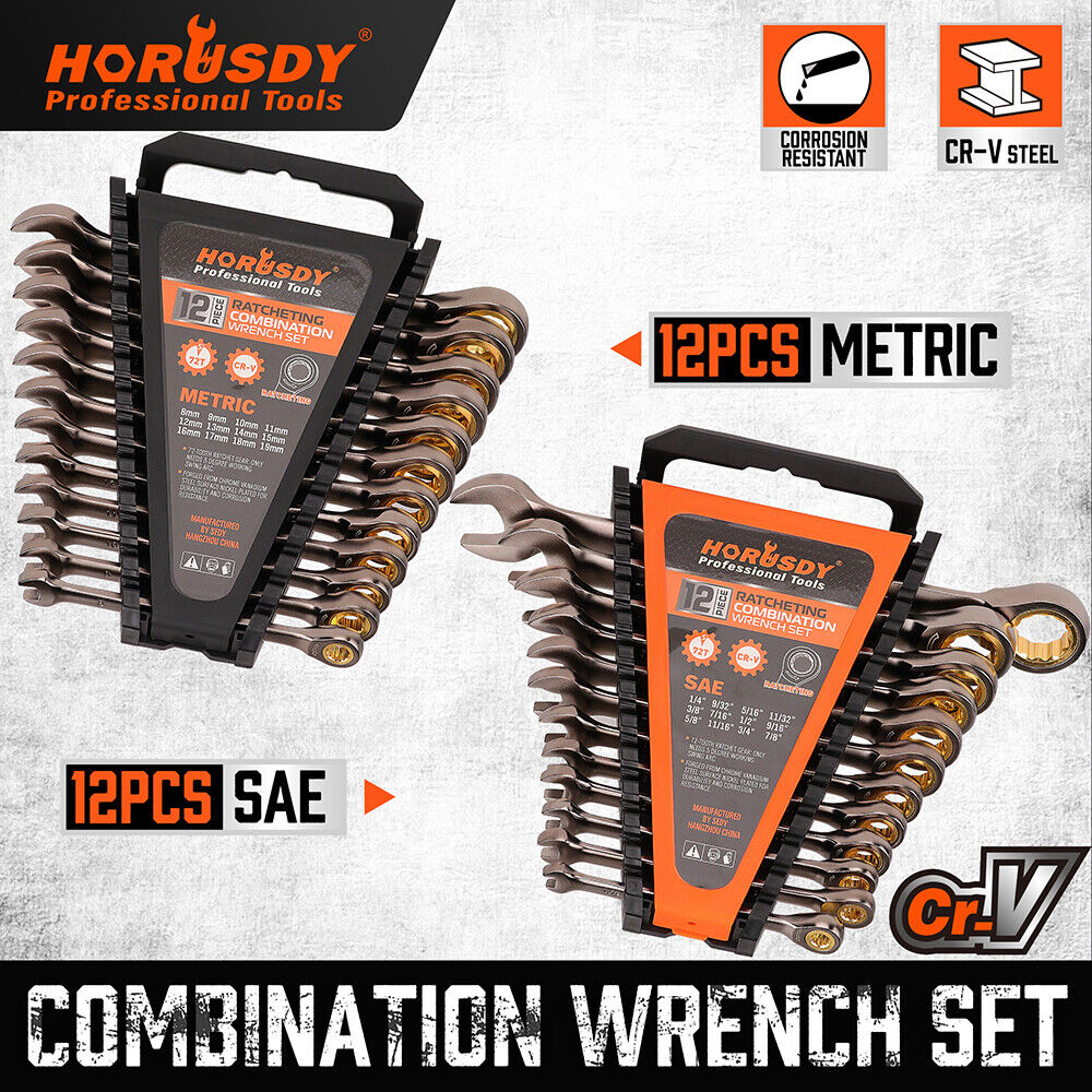 HORUSDY 24-Piece Ratchet Spanner Combination Set in Chrome Vanadium Steel with SAE and Metric Sizes