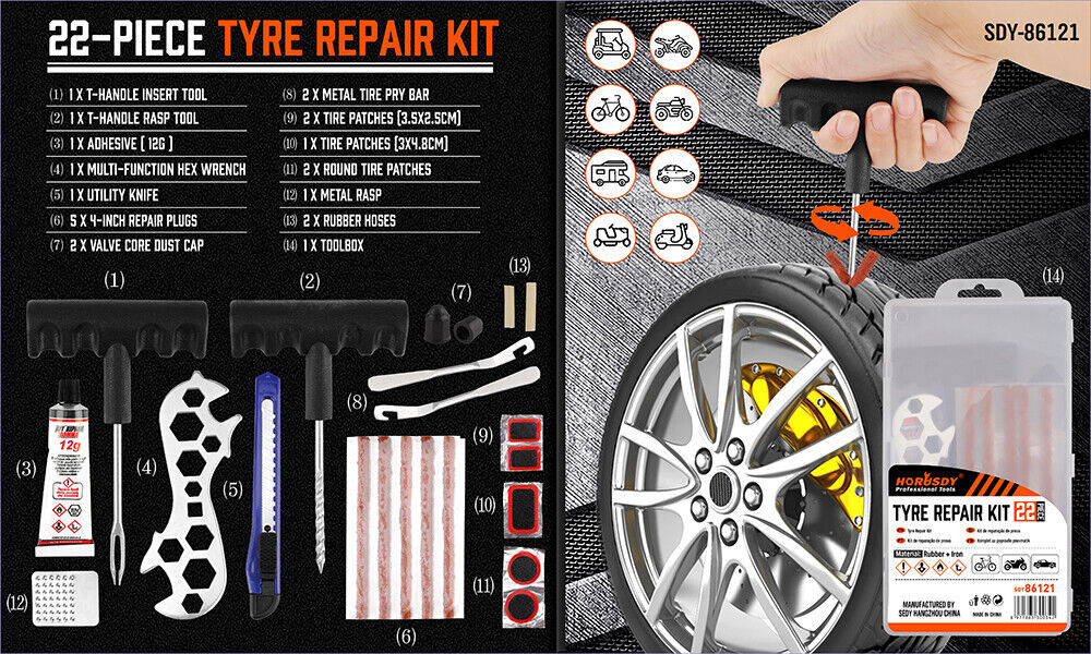 HORUSDY 22-Piece Tyre Puncture Repair Kit, Ideal for Quick and Efficient Repair of Tubeless Tires on Cars, Bikes, and 4WDs, Featuring Durable Tools and Accessories