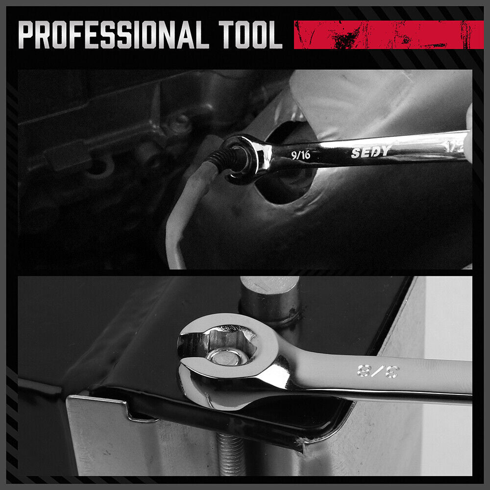 SEDY 4-Piece Flare Nut Wrench Set in SAE Sizes, Featuring 15° Offset Heads and Durable Chrome Vanadium Construction with a Convenient Organizer Pouch