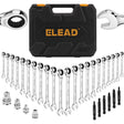 ELEAD 33-piece ratchet wrench set with various SAE and metric sizes, featuring a durable case, Phillips and slotted bits adapter for versatile use.