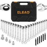 ELEAD 33-piece ratchet wrench set with various SAE and metric sizes, featuring a durable case, Phillips and slotted bits adapter for versatile use.