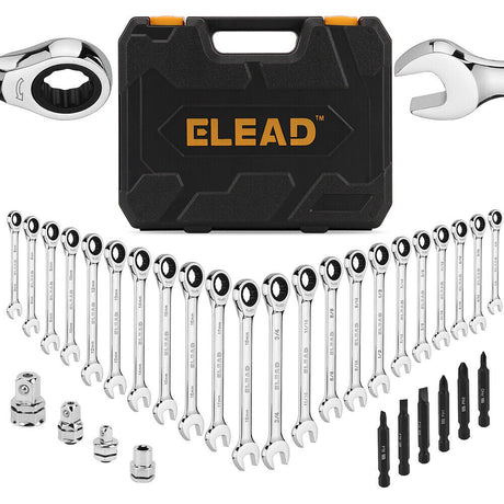 ELEAD 33-piece ratchet wrench set with various SAE and metric sizes, featuring a durable case, Phillips and slotted bits adapter for versatile use.