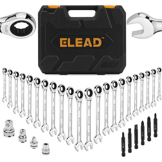 ELEAD 33-piece ratchet wrench set with various SAE and metric sizes, featuring a durable case, Phillips and slotted bits adapter for versatile use.